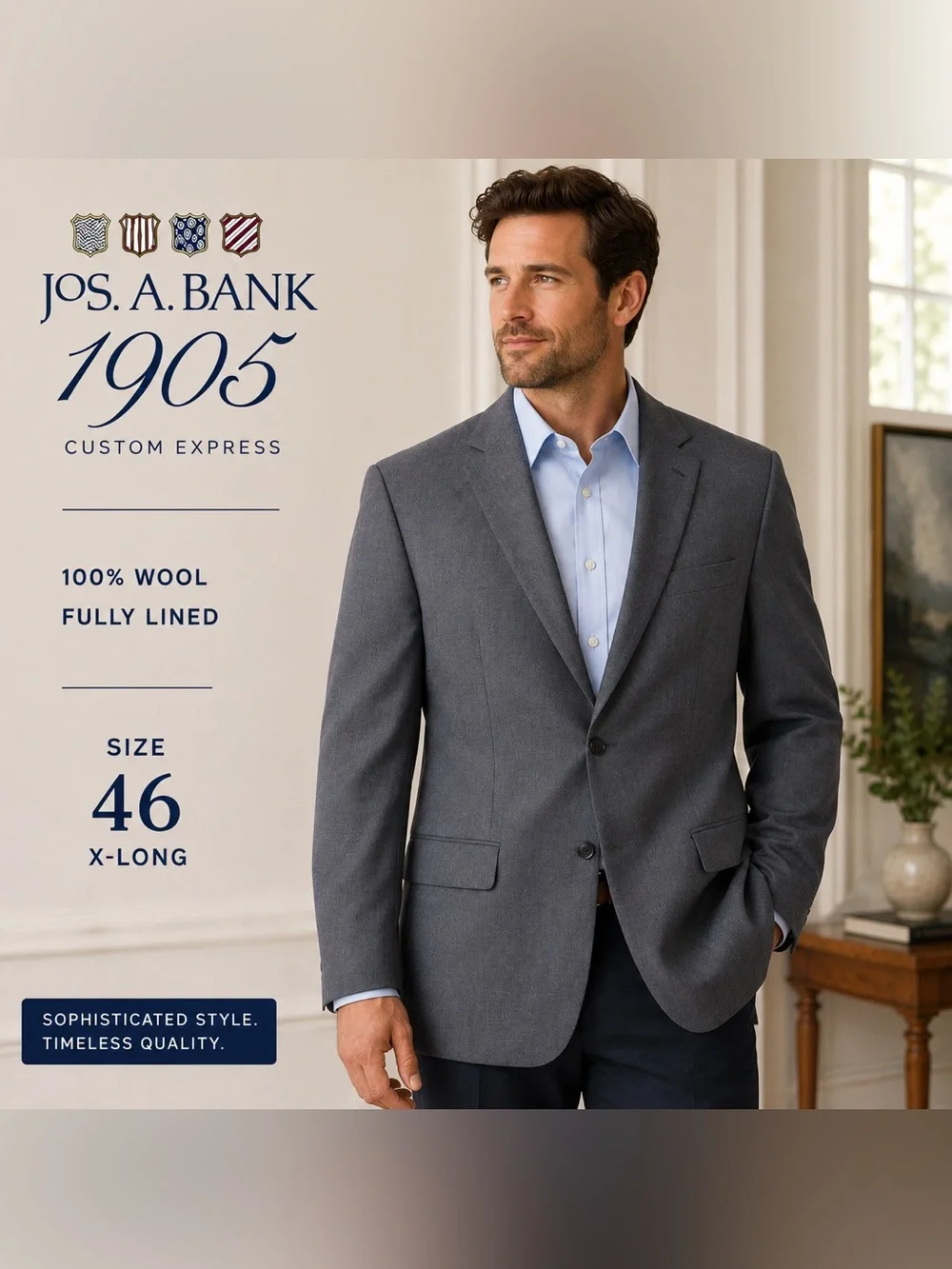 Jos. A. Bank 1905 Custom Express Gray Wool Sport Coat Blazer 46XL Long